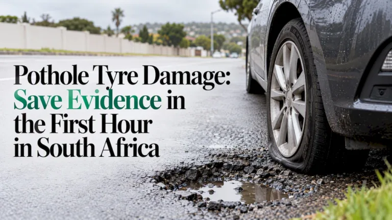 Damaged tyre beside a South African pothole