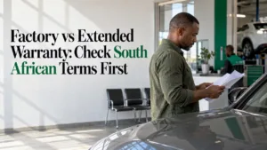 Driver comparing warranty documents beside a car