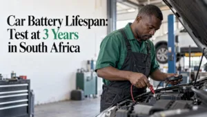 Mechanic testing a car battery under the bonnet
